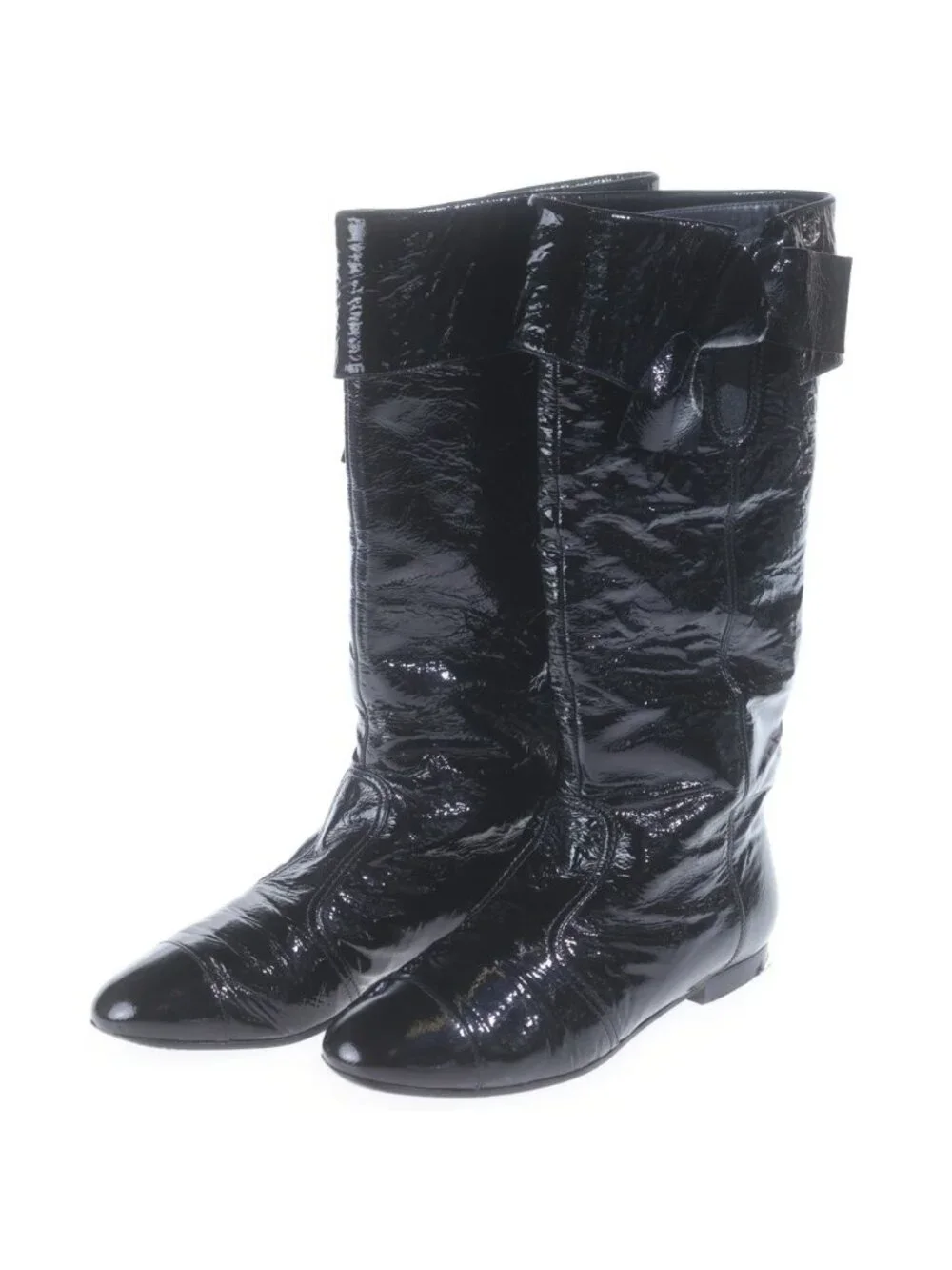 Chanel CC Logo Leather Silver Long Boots Shoes 1 2C Black 37